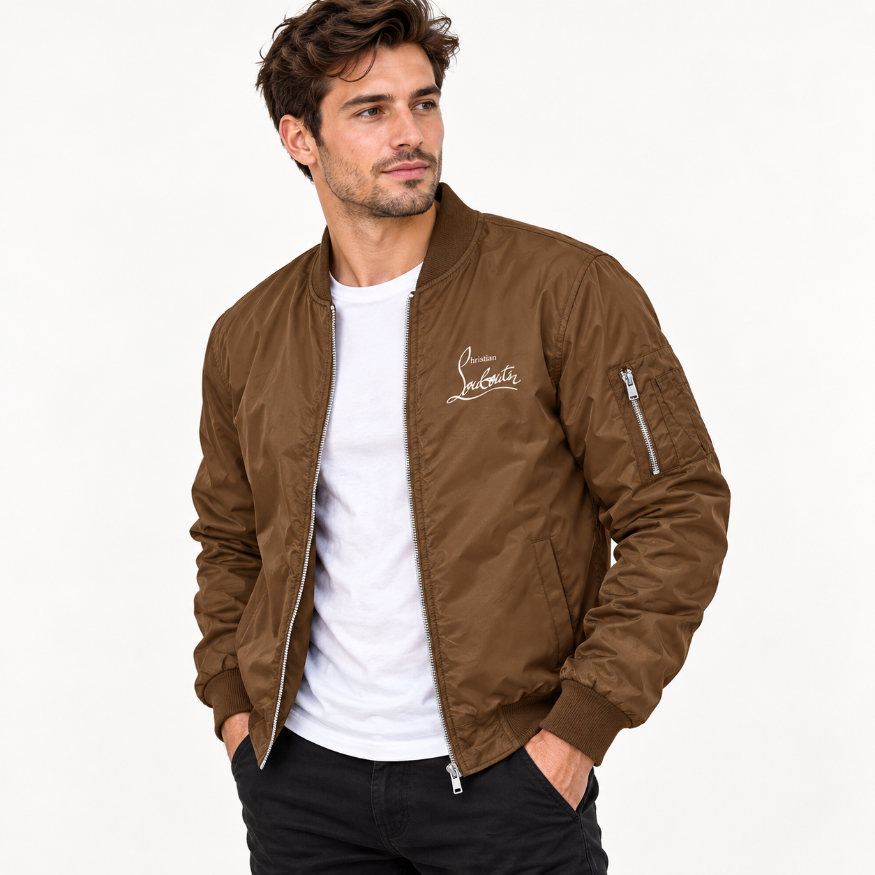 Men's Christian Louboutin Lightweight Bomber Jacket Windbreaker Softshell Varsity Jacket Coat | Color: Brown | Image 2