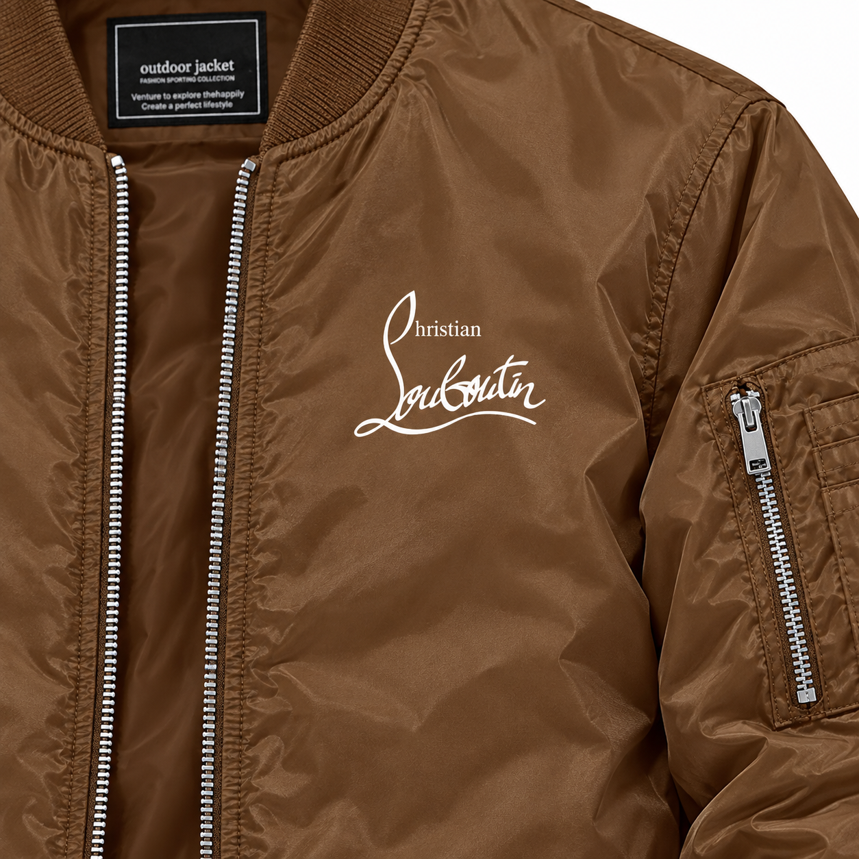 Men's Christian Louboutin Lightweight Bomber Jacket Windbreaker Softshell Varsity Jacket Coat | Color: Brown | Image 3