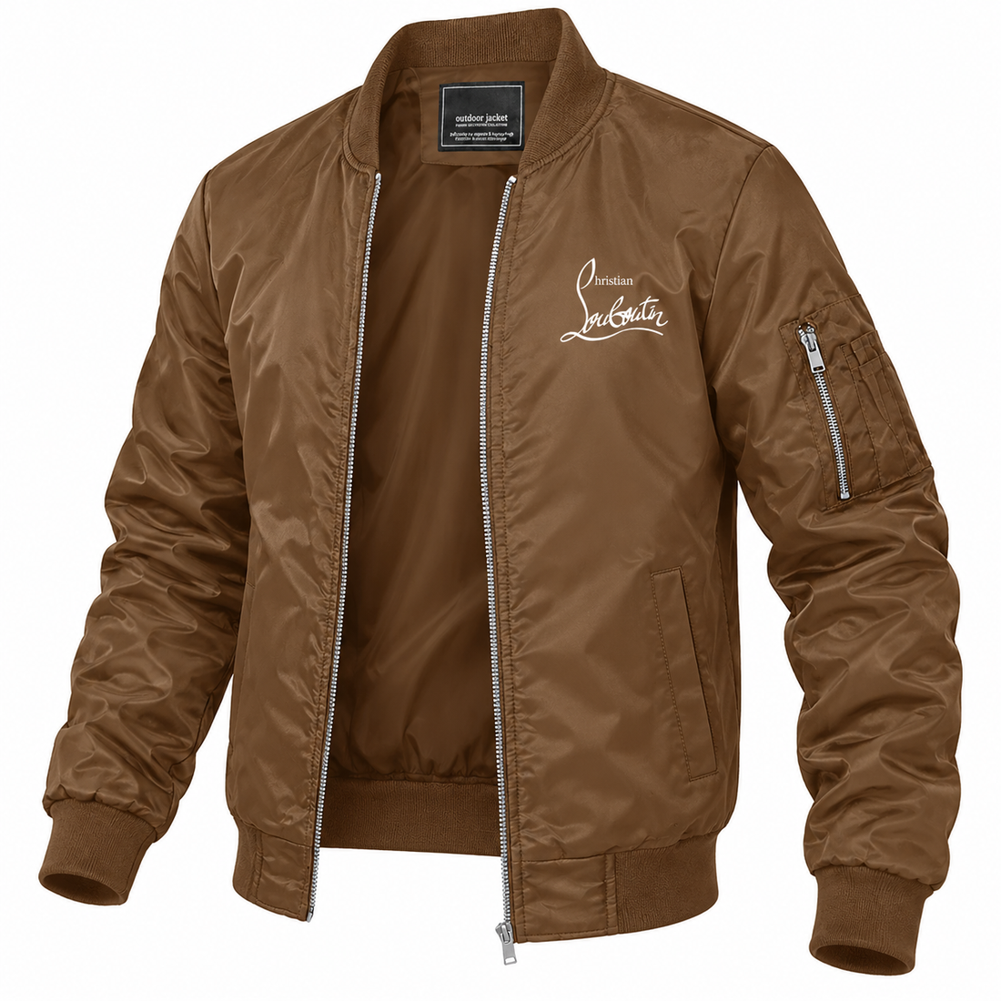 Men's Christian Louboutin Lightweight Bomber Jacket Windbreaker Softshell Varsity Jacket Coat | Color: Brown | Image 5