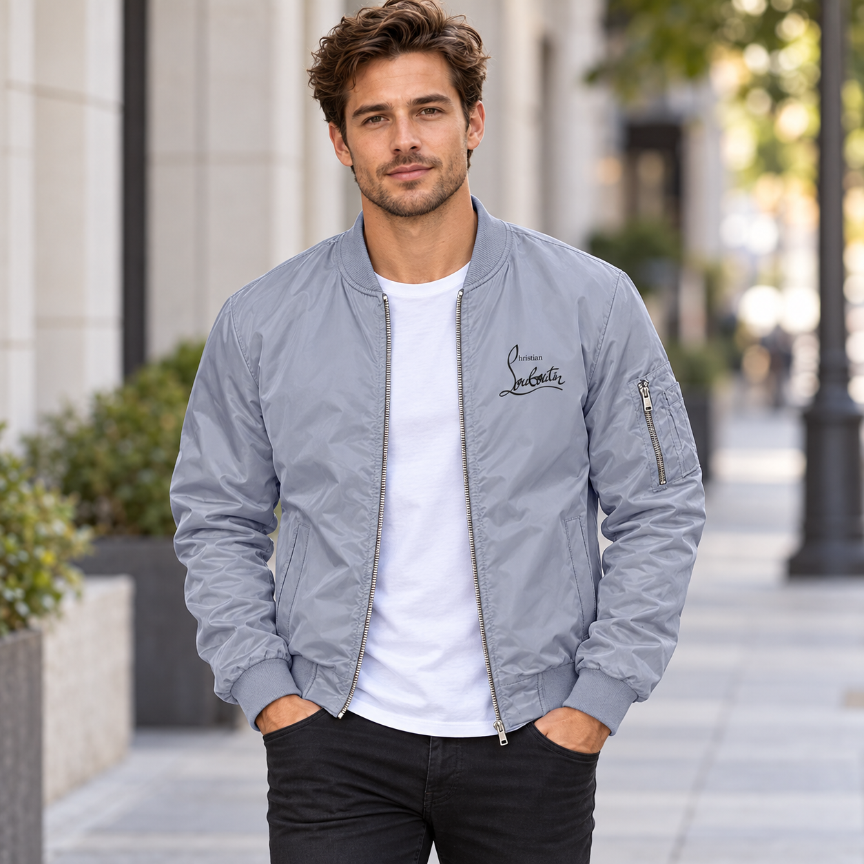 Men's Christian Louboutin Lightweight Bomber Jacket Windbreaker Softshell Varsity Jacket Coat | Color: Grey | Image 1