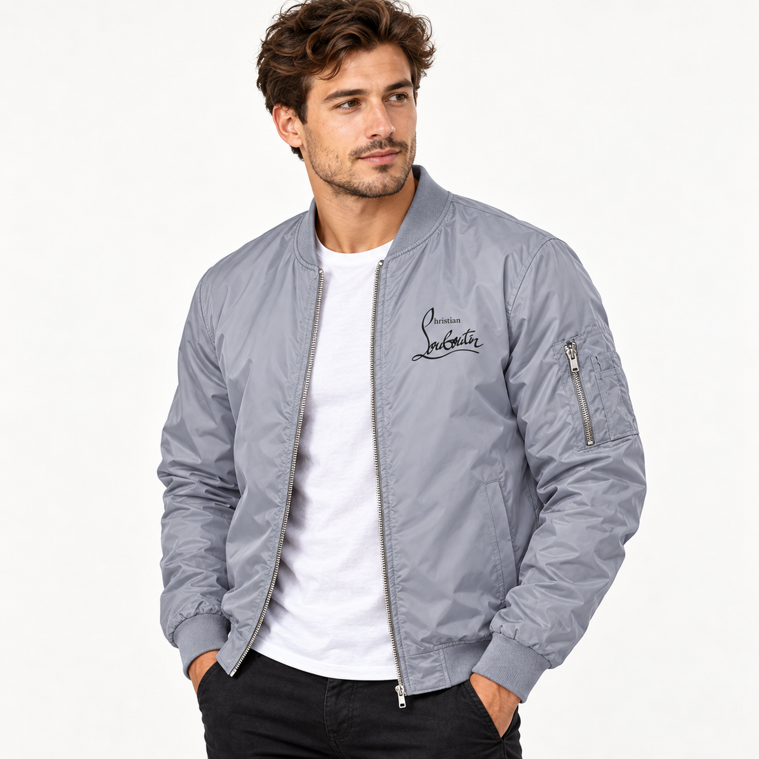 Men's Christian Louboutin Lightweight Bomber Jacket Windbreaker Softshell Varsity Jacket Coat | Color: Grey | Image 2