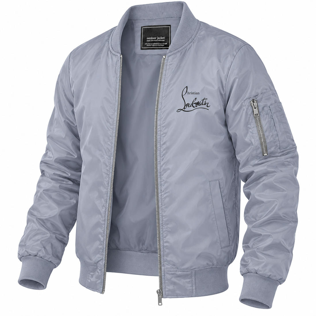 Men's Christian Louboutin Lightweight Bomber Jacket Windbreaker Softshell Varsity Jacket Coat | Color: Grey | Image 5