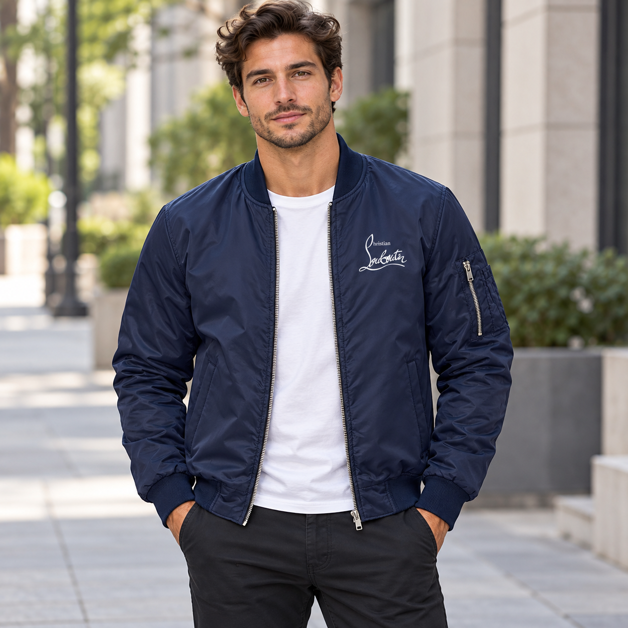 Men's Christian Louboutin Lightweight Bomber Jacket Windbreaker Softshell Varsity Jacket Coat | Color: Navy | Image 1