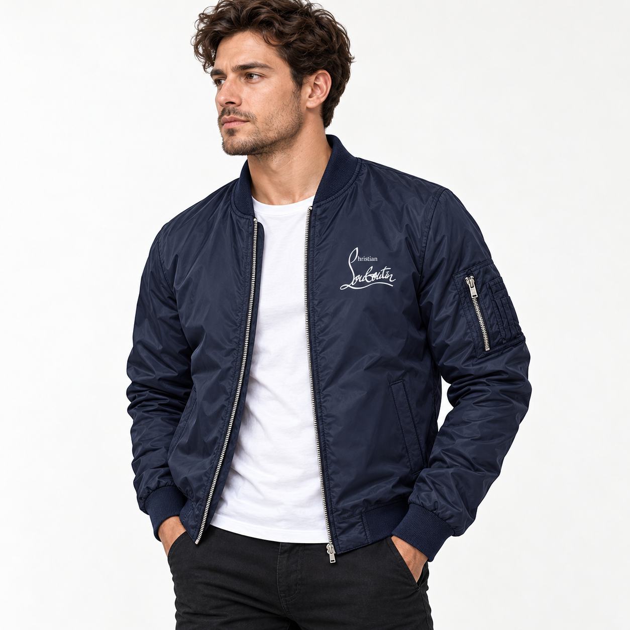 Men's Christian Louboutin Lightweight Bomber Jacket Windbreaker Softshell Varsity Jacket Coat | Color: Navy | Image 2