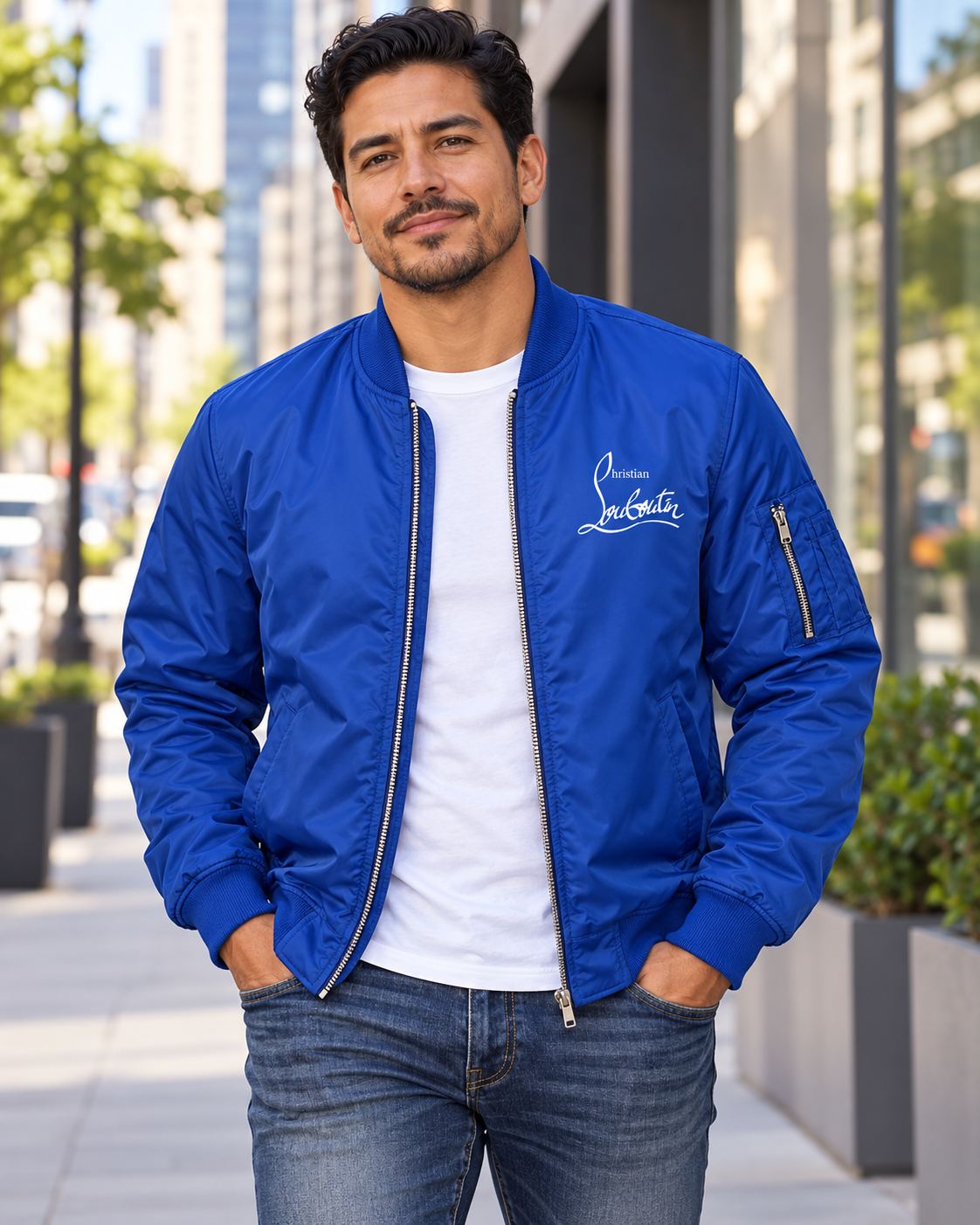 Men's Christian Louboutin Lightweight Bomber Jacket | Color: Royal Blue | Image 1