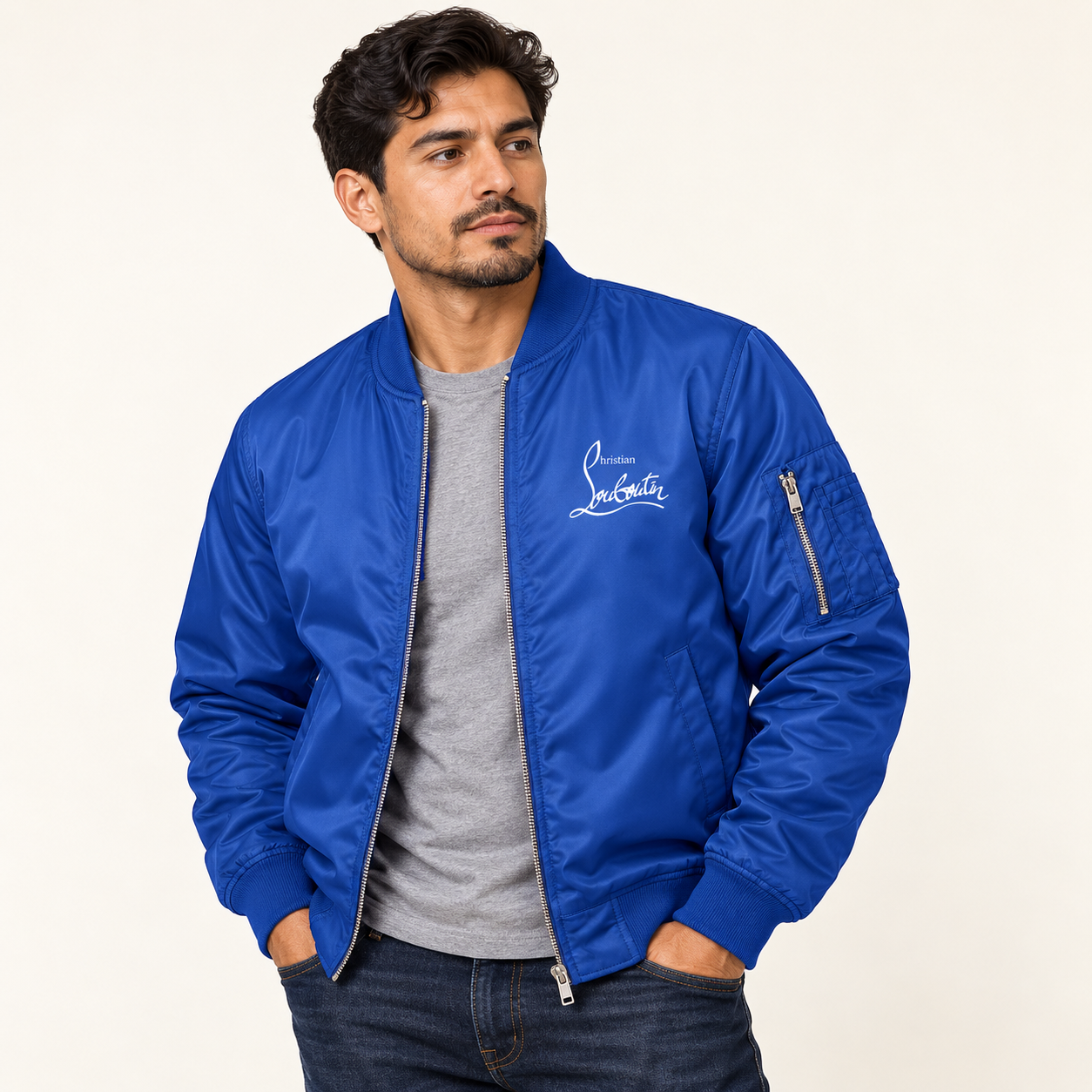 Men's Christian Louboutin Lightweight Bomber Jacket | Color: Royal Blue | Image 2