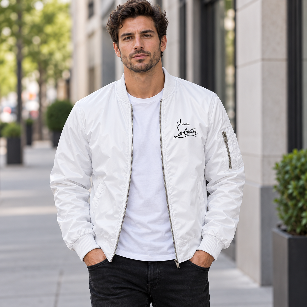 Men's Christian Louboutin Lightweight Bomber Jacket Windbreaker Softshell Varsity Jacket Coat | Color: White | Image 1