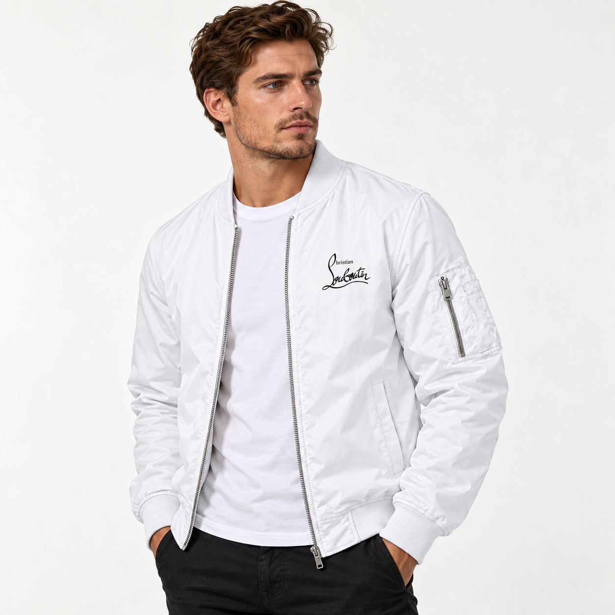 Men's Christian Louboutin Lightweight Bomber Jacket Windbreaker Softshell Varsity Jacket Coat | Color: White | Image 2