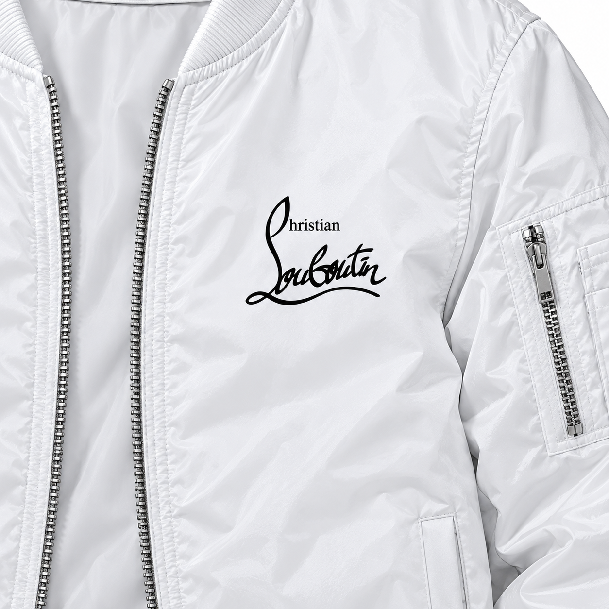 Men's Christian Louboutin Lightweight Bomber Jacket Windbreaker Softshell Varsity Jacket Coat | Color: White | Image 3