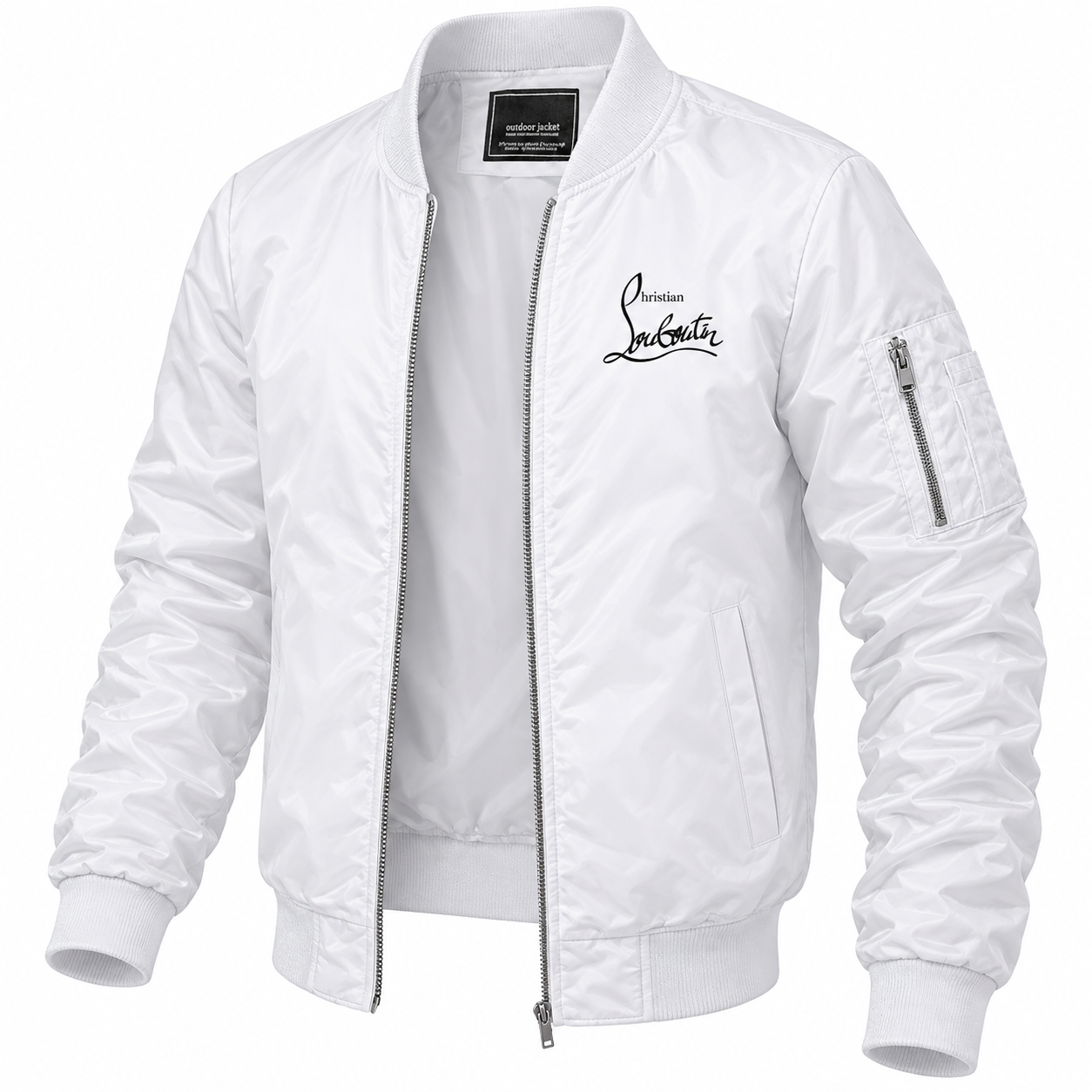 Men's Christian Louboutin Lightweight Bomber Jacket Windbreaker Softshell Varsity Jacket Coat | Color: White | Image 5