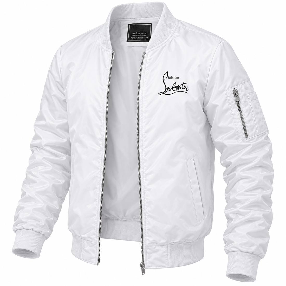 Men's Christian Louboutin Lightweight Bomber Jacket Windbreaker Softshell Varsity Jacket Coat | Color: White | Image 5