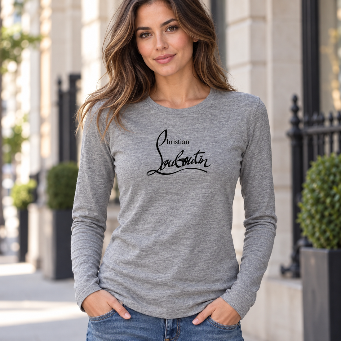 Women's Christian Louboutin Long Sleeve T-Shirt - Grey - lifestyle