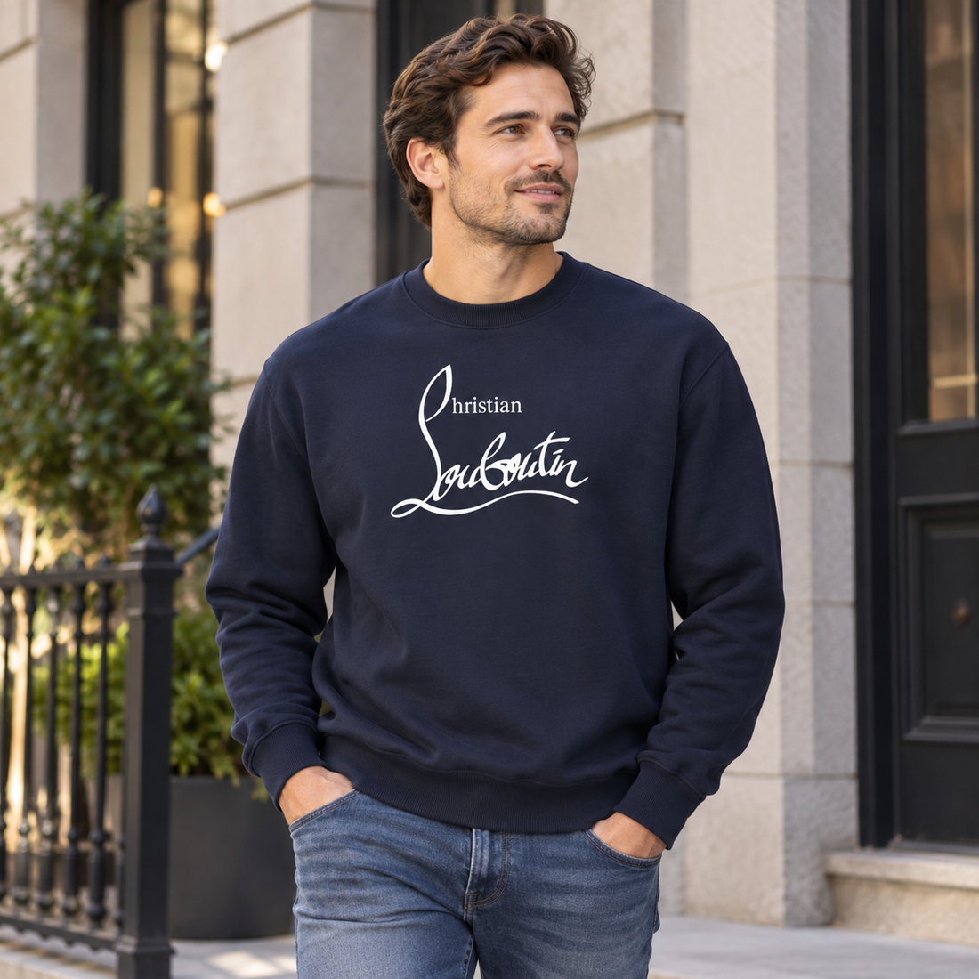 Men's Christian Louboutin Crewneck Sweatshirt navy lifestyle view