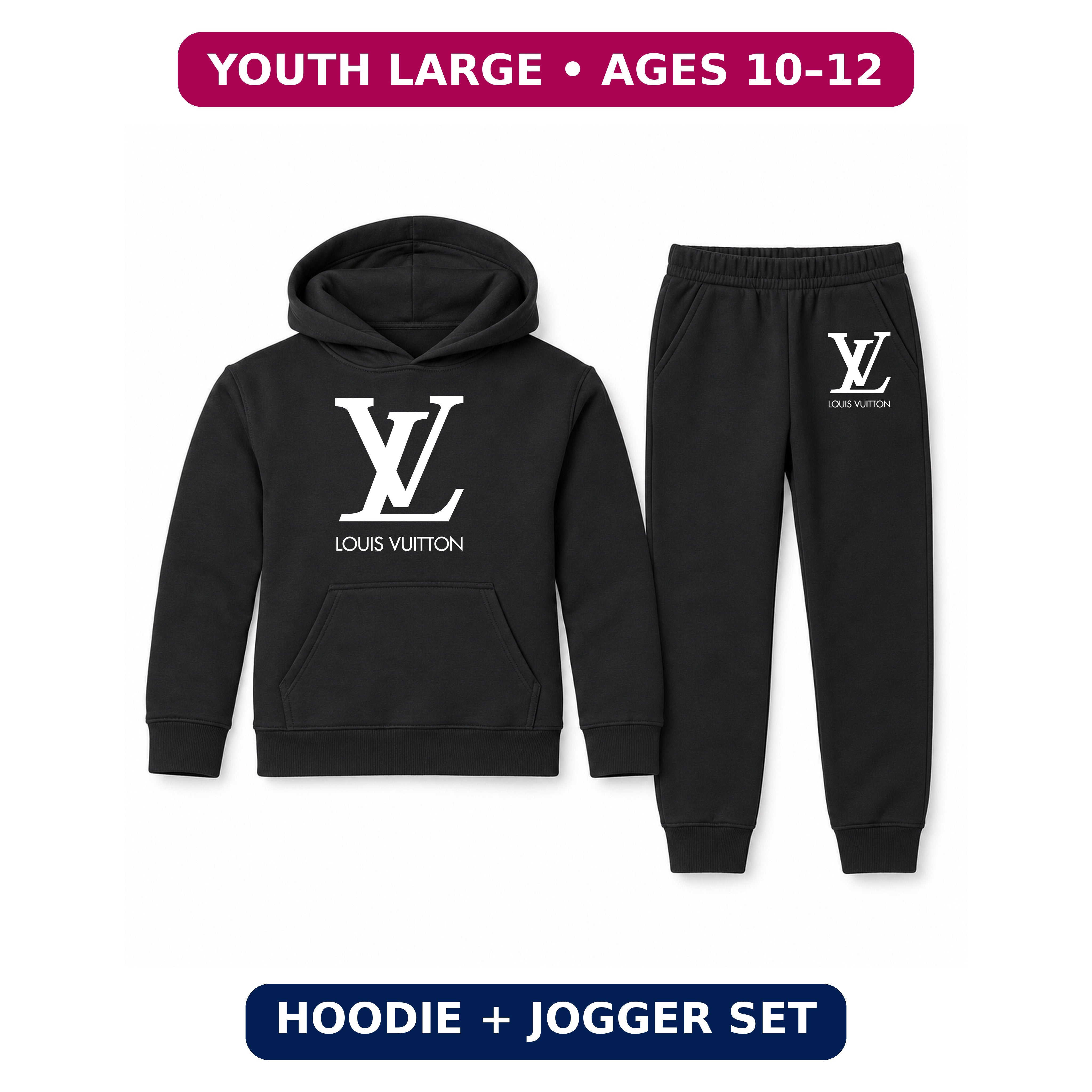 Louis Vuitton Youth Hoodie Jogger Set | Black | Youth Large, ages 10–12
