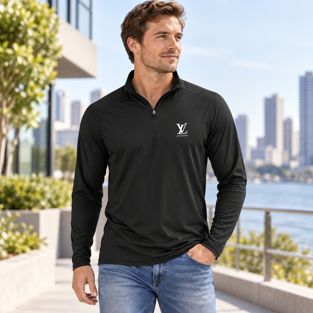 Men's Louis Vuitton Lightweight Quarter-Zip Athletic Shirt Long Sleeve Performance Wear | Color: Black | View 1