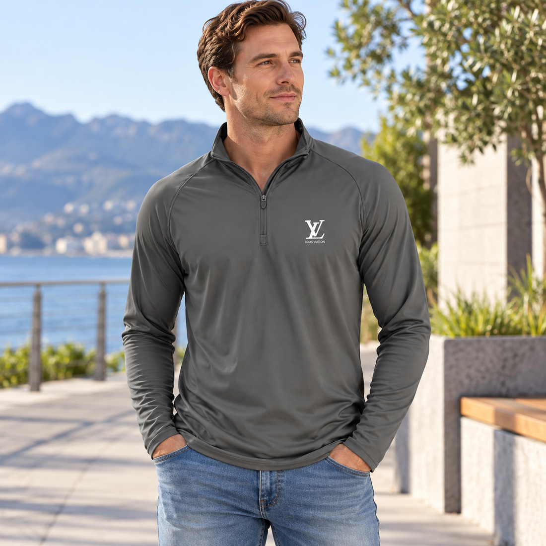 Men's Louis Vuitton Lightweight Quarter-Zip Athletic Shirt Long Sleeve Performance Wear | Color: Dark Grey | View 1