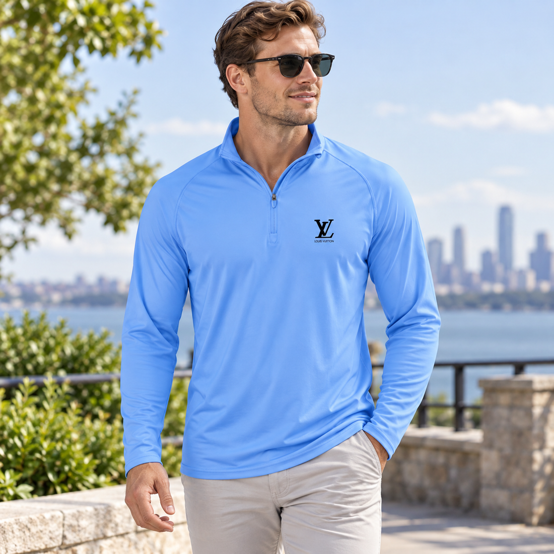 Men's Louis Vuitton Lightweight Quarter-Zip Athletic Shirt Long Sleeve Performance Wear | Color: Light Blue | View 1