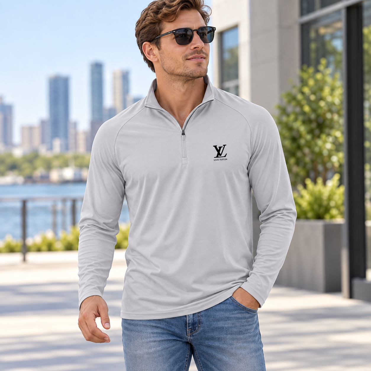 Men's Louis Vuitton Lightweight Quarter-Zip Athletic Shirt Long Sleeve Performance Wear | Color: Light Gray | View 1