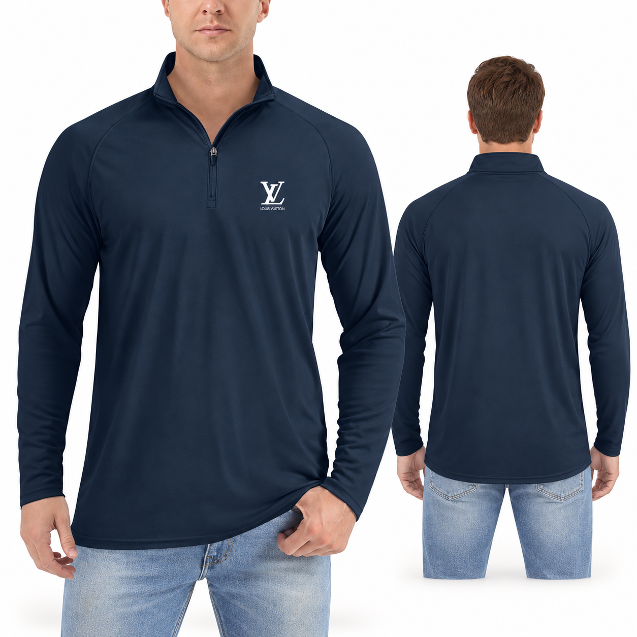 Men's Louis Vuitton Lightweight Quarter-Zip Athletic Shirt Long Sleeve Performance Wear | Color: Navy | Main
