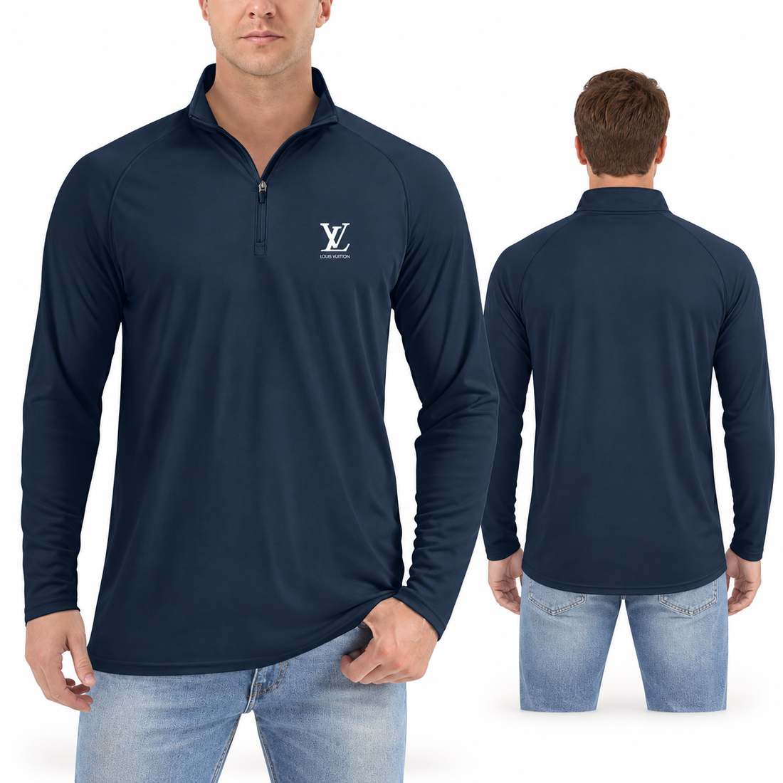 Men's Louis Vuitton Lightweight Quarter-Zip Athletic Shirt Long Sleeve Performance Wear | Color: Navy | Main