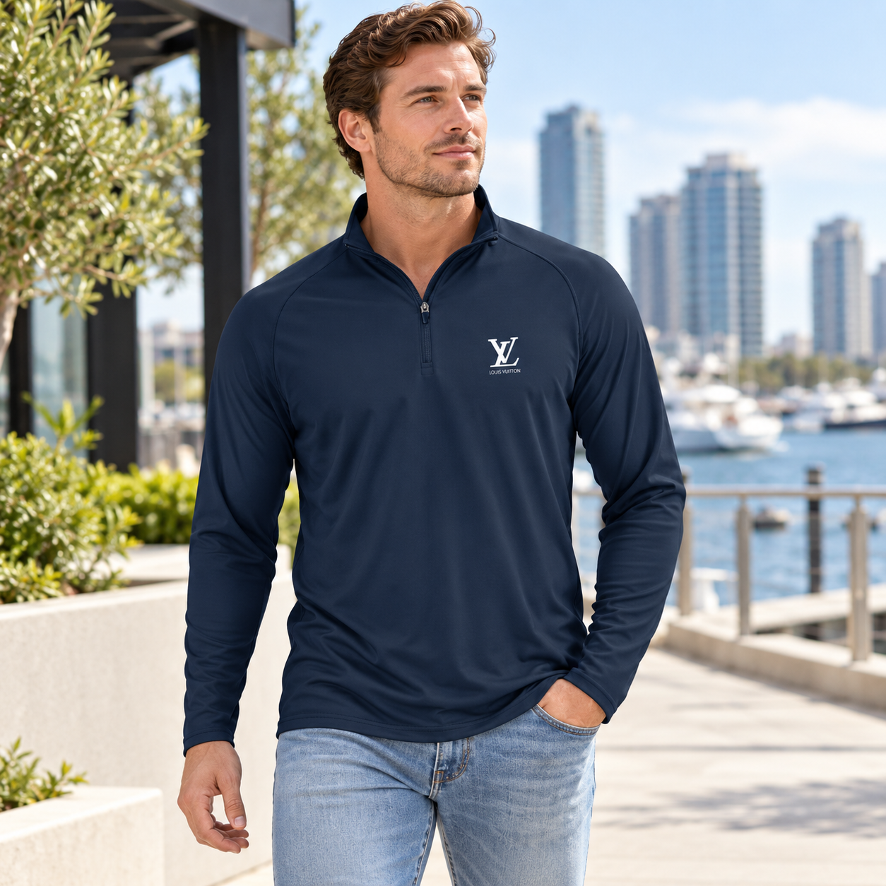 Men's Louis Vuitton Lightweight Quarter-Zip Athletic Shirt Long Sleeve Performance Wear | Color: Navy | View 1