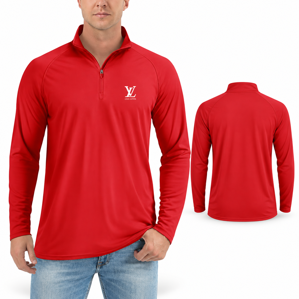 Men's Louis Vuitton Lightweight Quarter-Zip Athletic Shirt Long Sleeve Performance Wear | Color: Red | Main