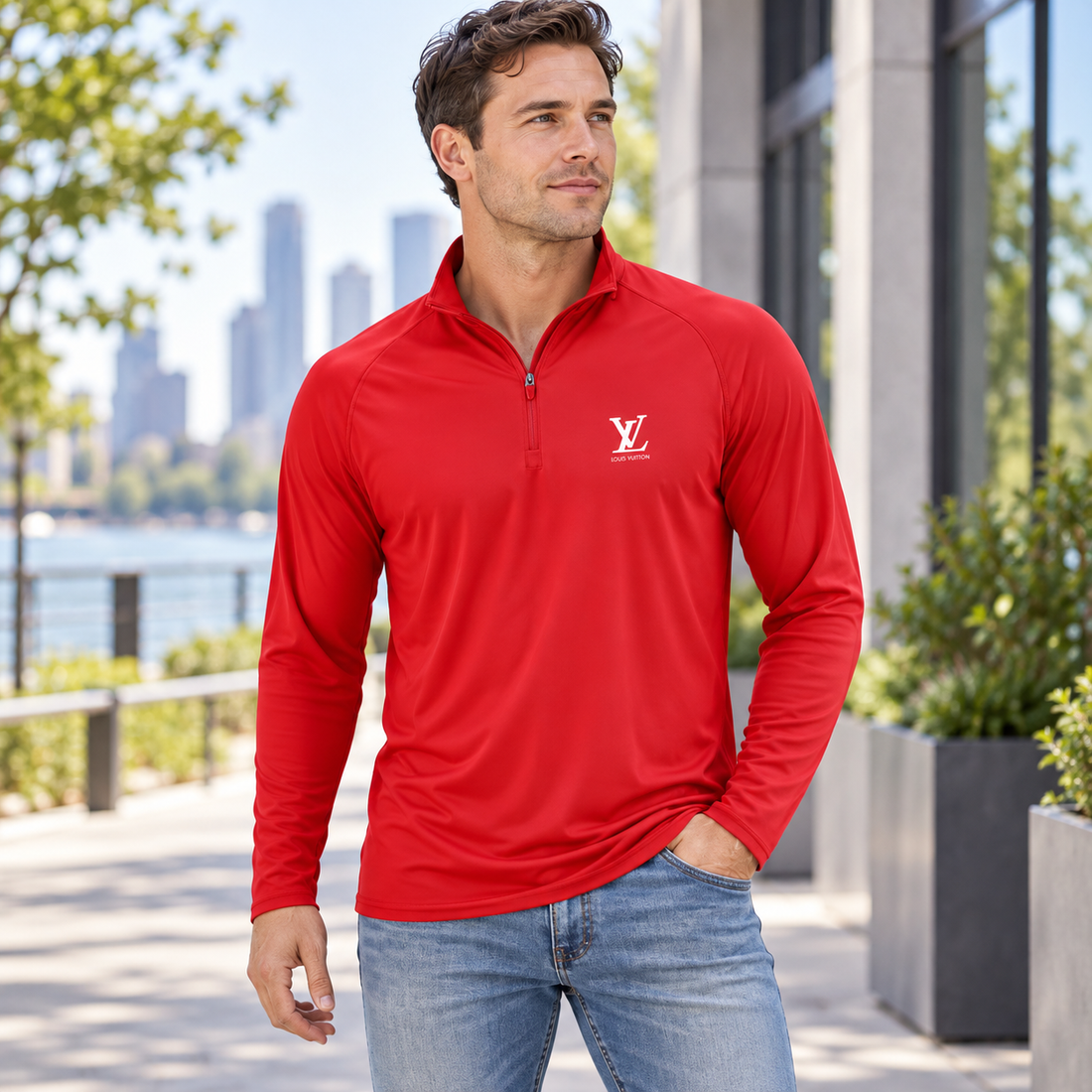 Men's Louis Vuitton Lightweight Quarter-Zip Athletic Shirt Long Sleeve Performance Wear | Color: Red | View 1