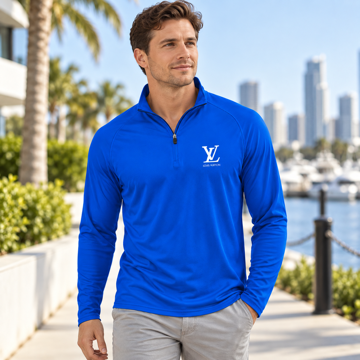 Men's Louis Vuitton Lightweight Quarter-Zip Athletic Shirt Long Sleeve Performance Wear | Color: Royal Blue | View 1