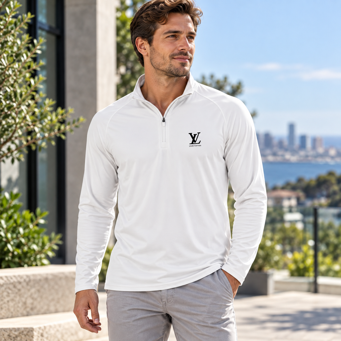 Men's Louis Vuitton Lightweight Quarter-Zip Athletic Shirt Long Sleeve Performance Wear | Color: White | View 1
