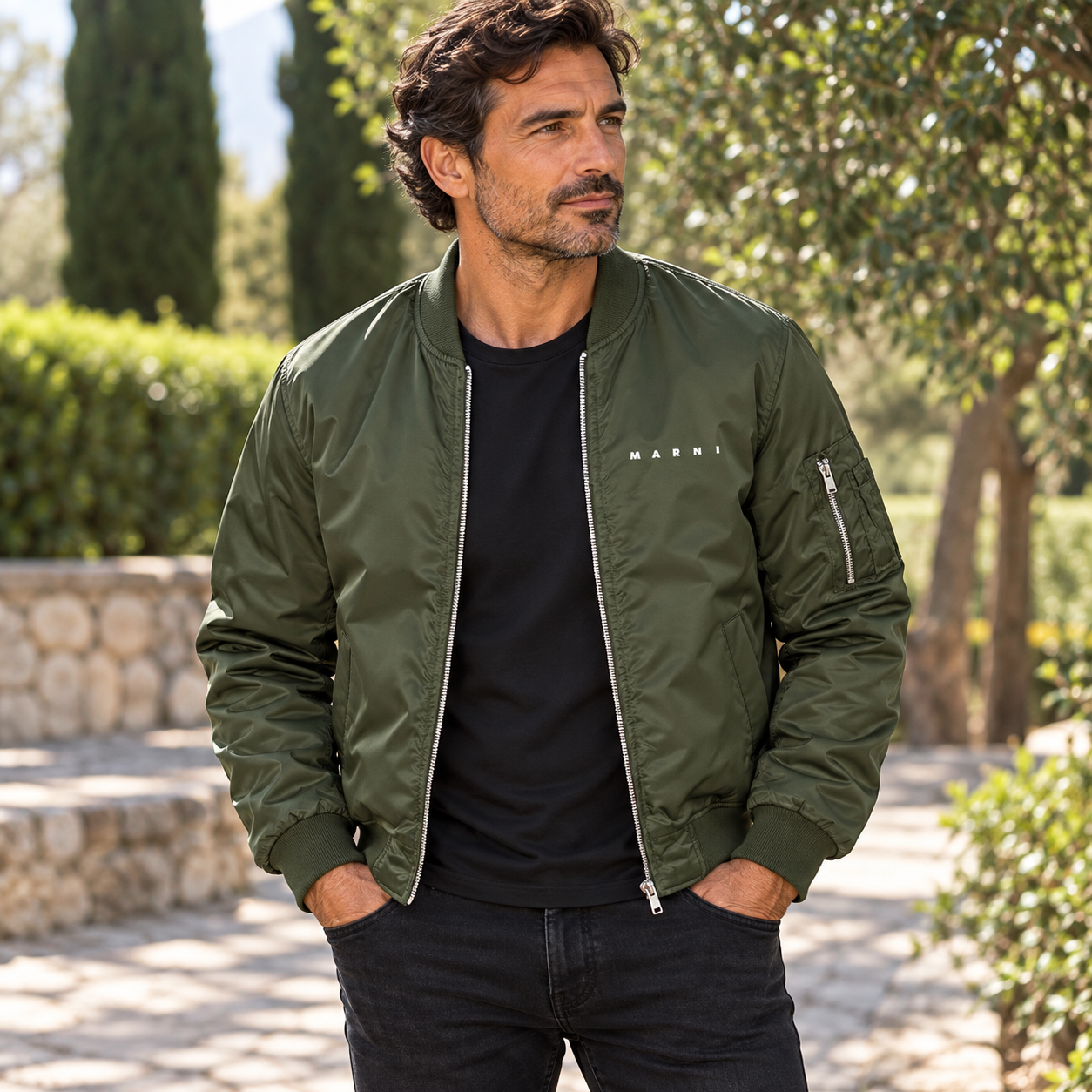 Men's Marni Lightweight Bomber Jacket | Color: Army Green | Image 1
