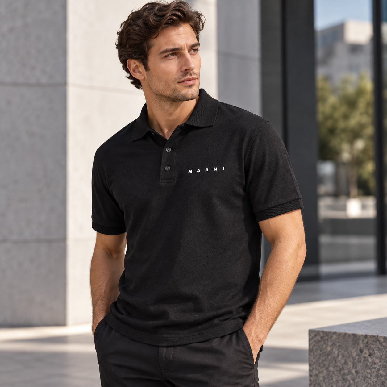 Men's Marni Dry Blend polo in black, lifestyle view