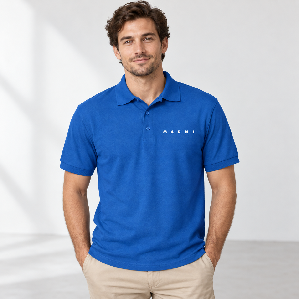 Men's Marni Dry Blend polo in blue, front-model view