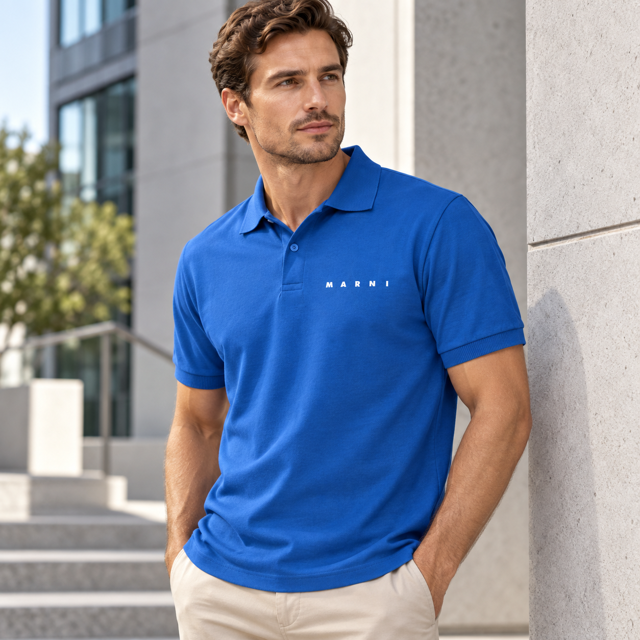 Men's Marni Dry Blend polo in blue, lifestyle view