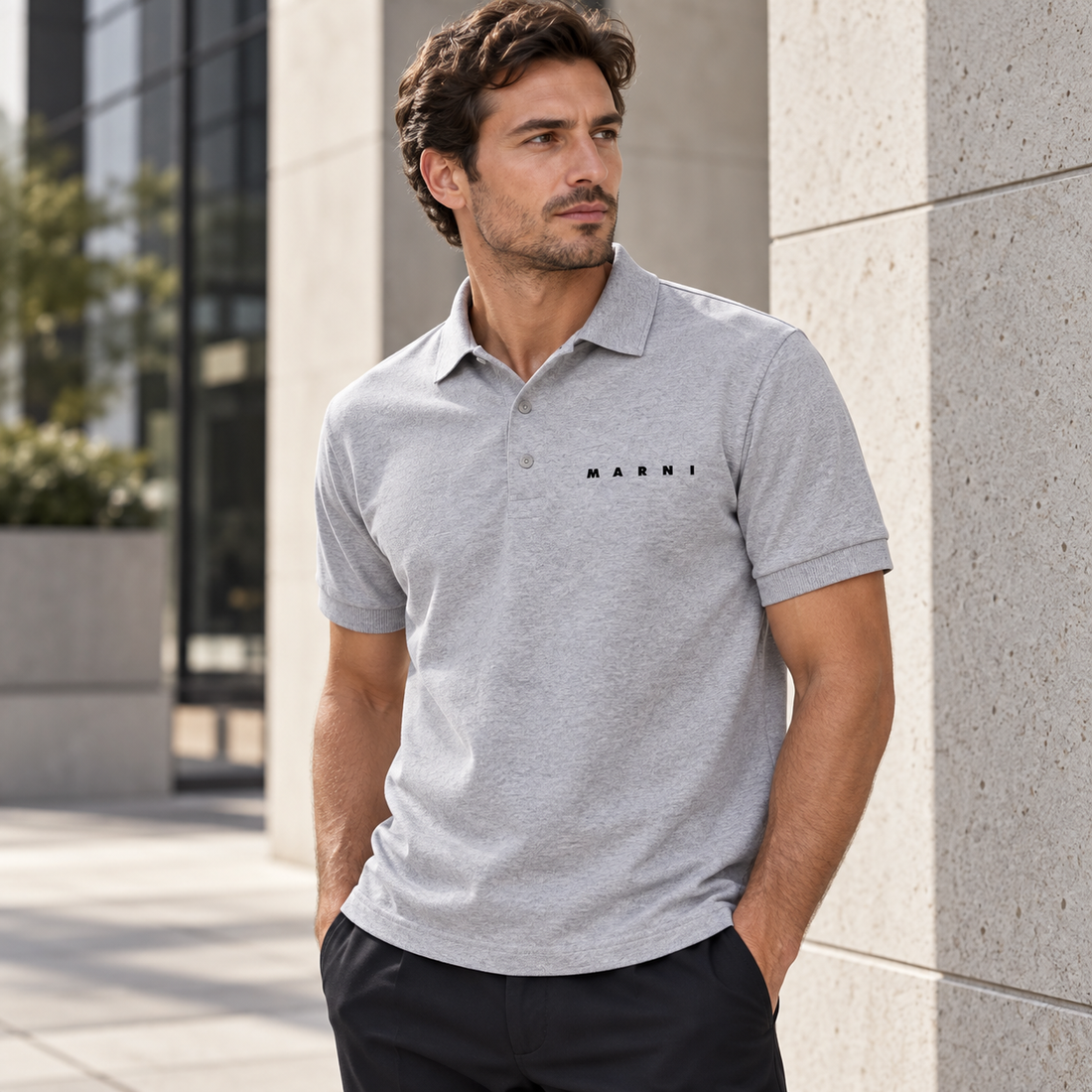 Men's Marni Dry Blend polo in grey, lifestyle view