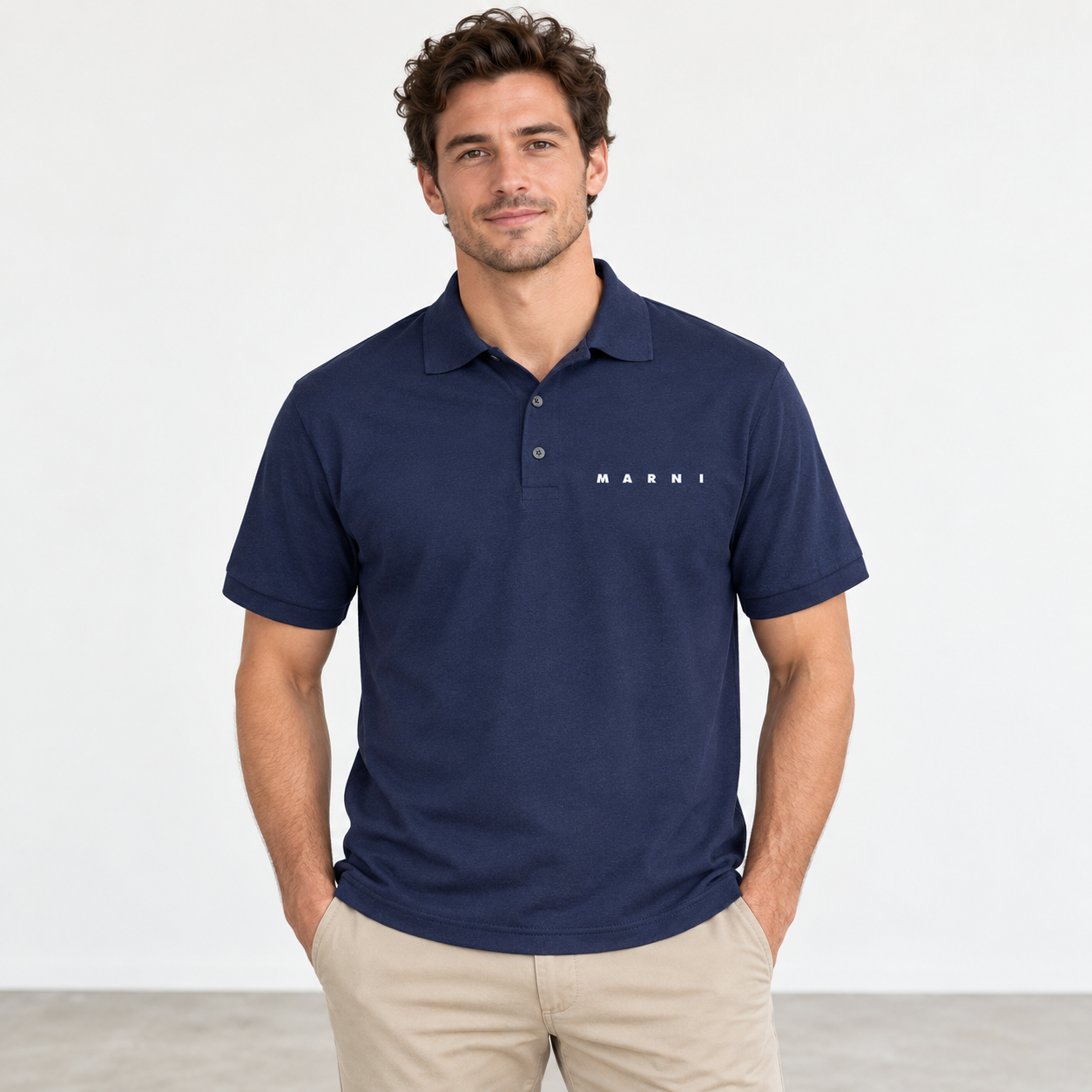 Men's Marni Dry Blend polo in navy, front-model view