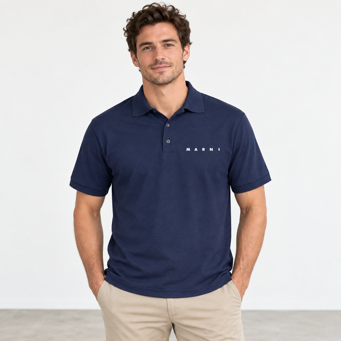 Men's Marni Dry Blend polo in navy, front-model view