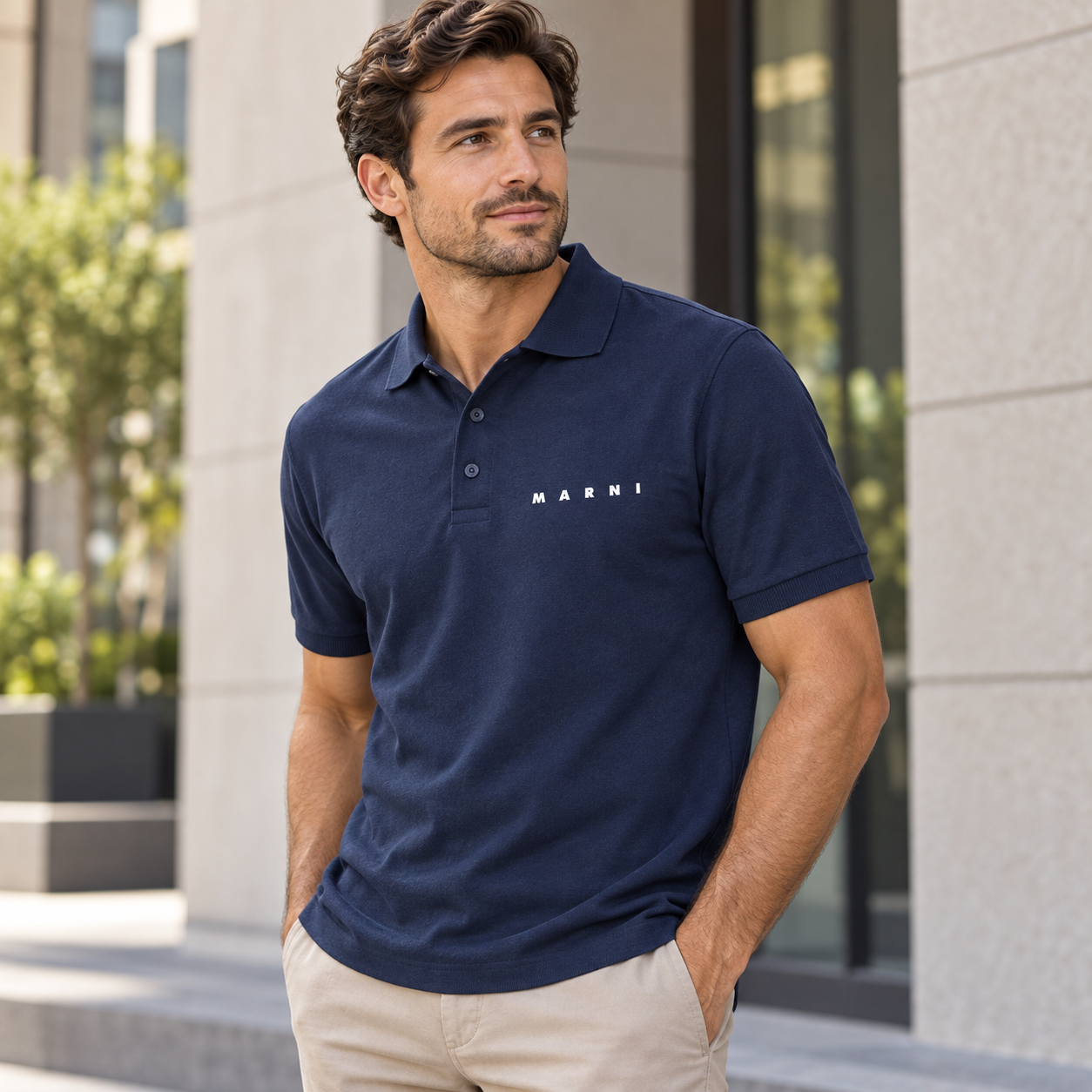 Men's Marni Dry Blend polo in navy, lifestyle view