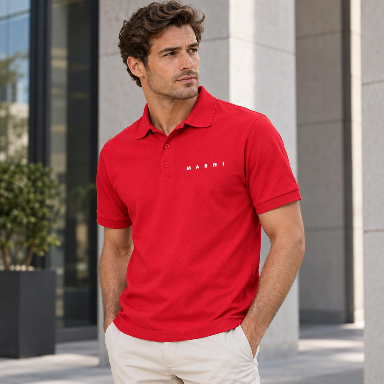 Men's Marni Dry Blend polo in red, lifestyle view