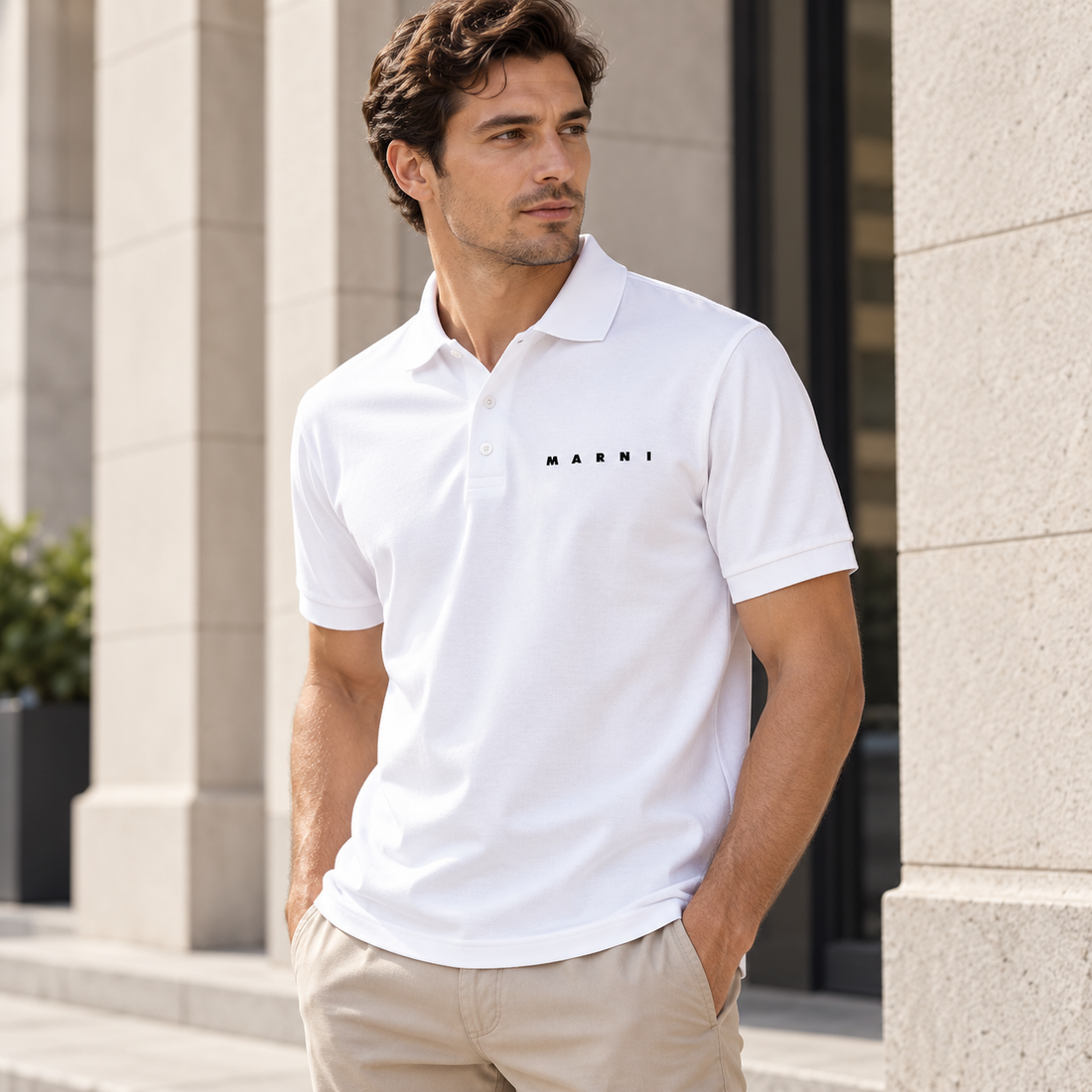 Men's Marni Dry Blend polo in white, lifestyle view