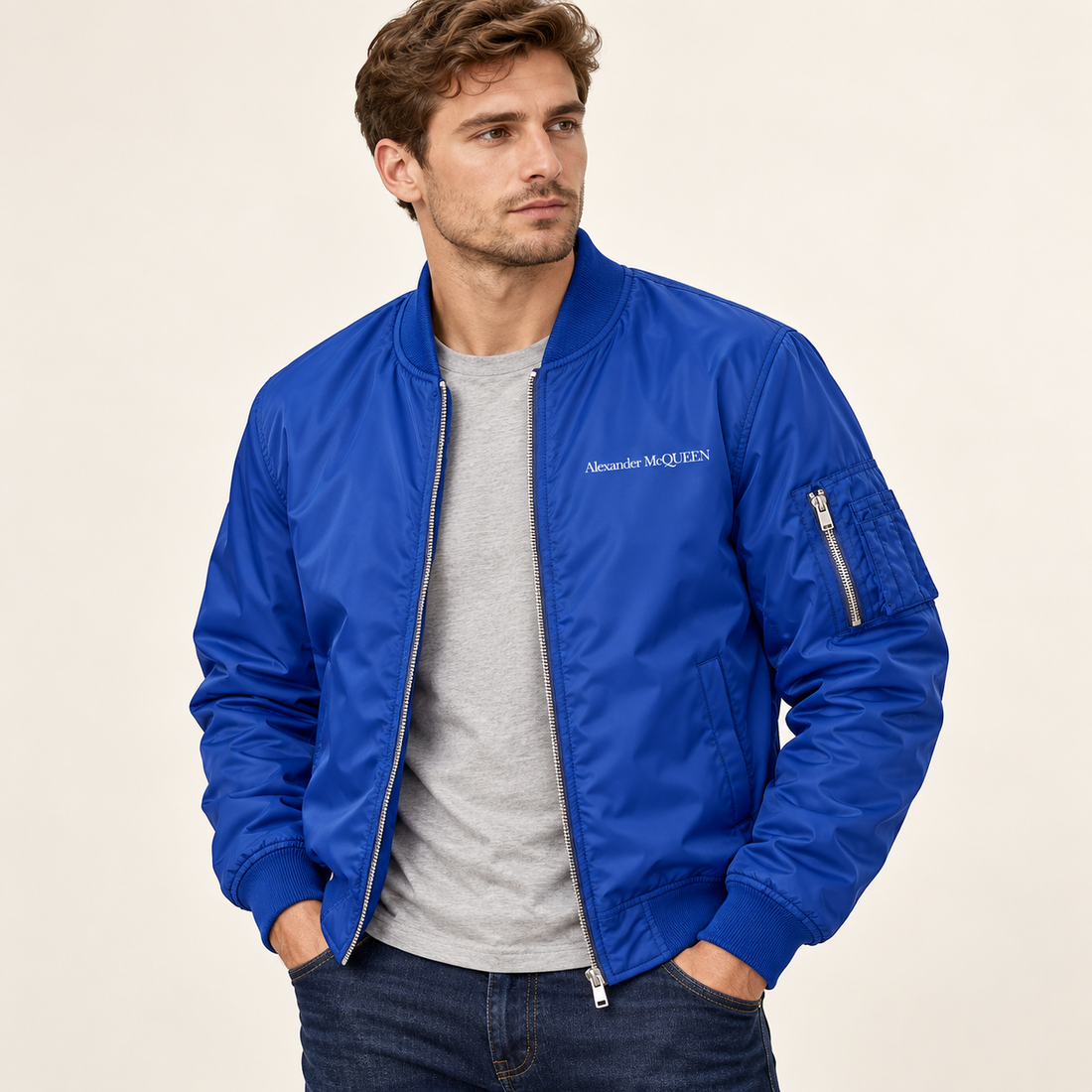 Men's Alexander McQueen Lightweight Bomber Jacket | Color: Royal Blue | Image 2