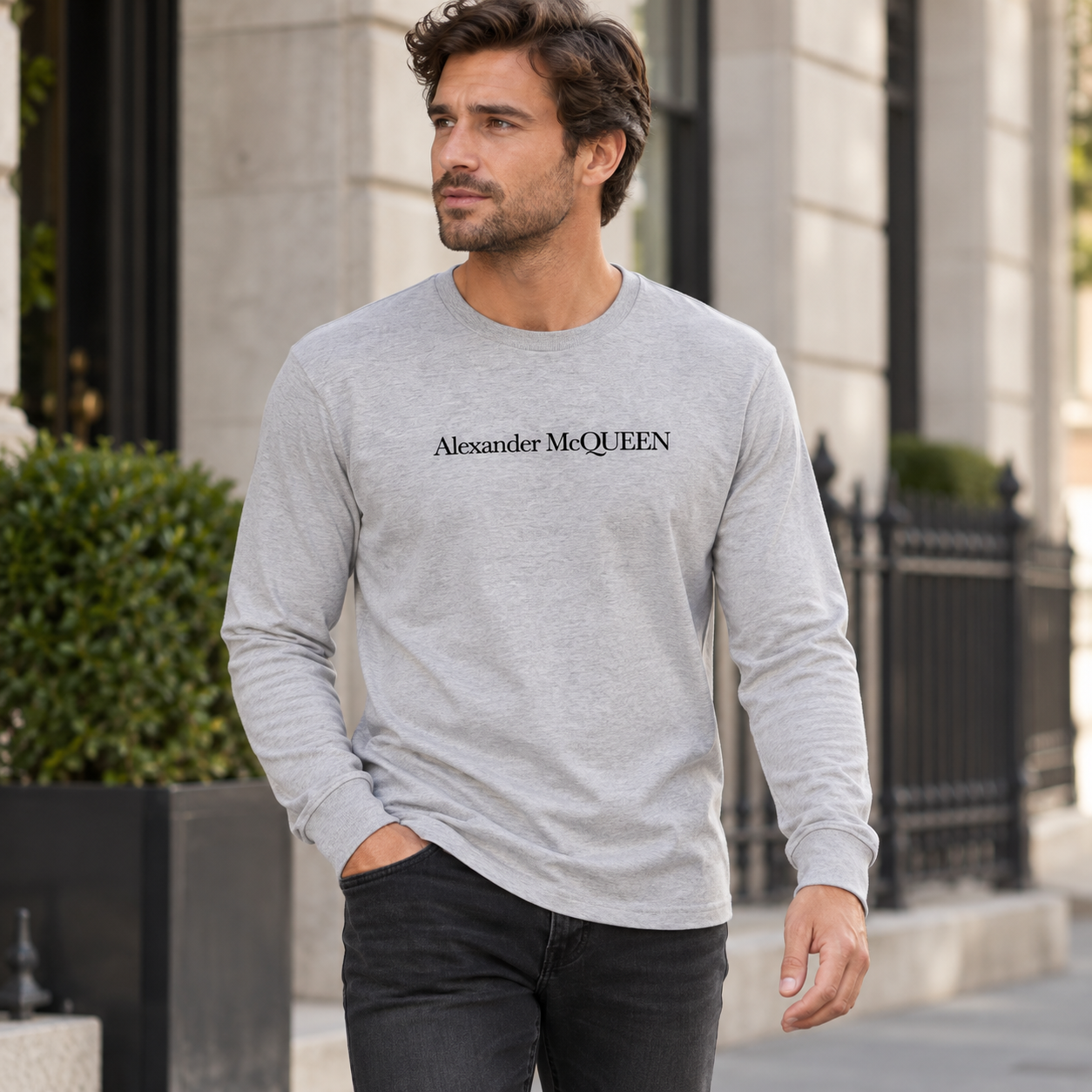 Men's Alexander McQueen Cotton Long Sleeve T-Shirt grey lifestyle view