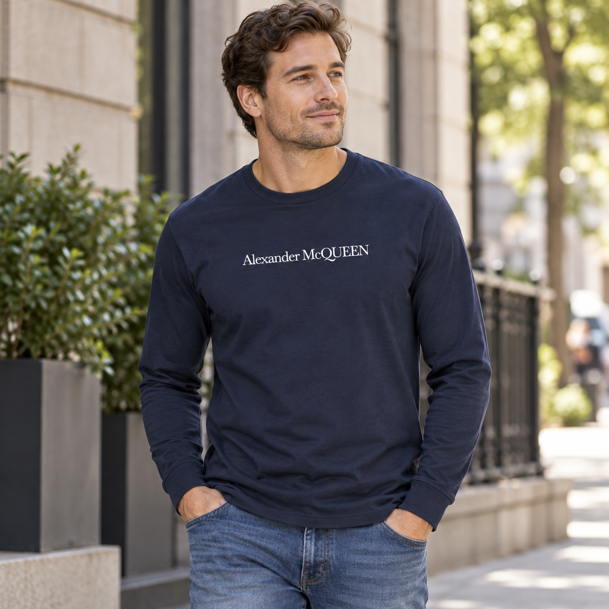 Men's Alexander McQueen Cotton Long Sleeve T-Shirt navy lifestyle view