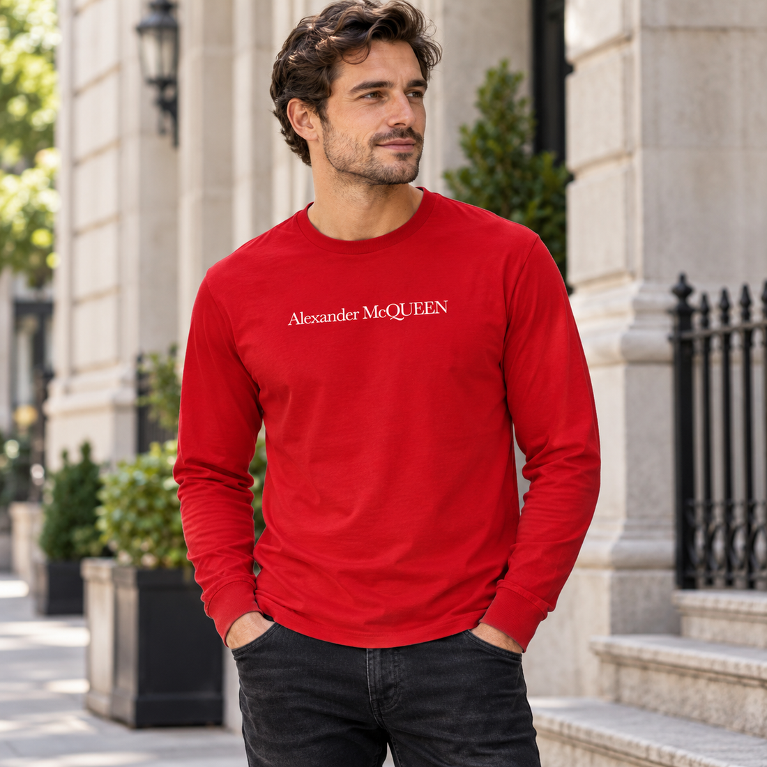 Men's Alexander McQueen Cotton Long Sleeve T-Shirt red lifestyle view