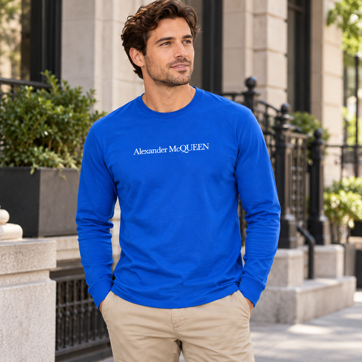Men's Alexander McQueen Cotton Long Sleeve T-Shirt royal blue lifestyle view