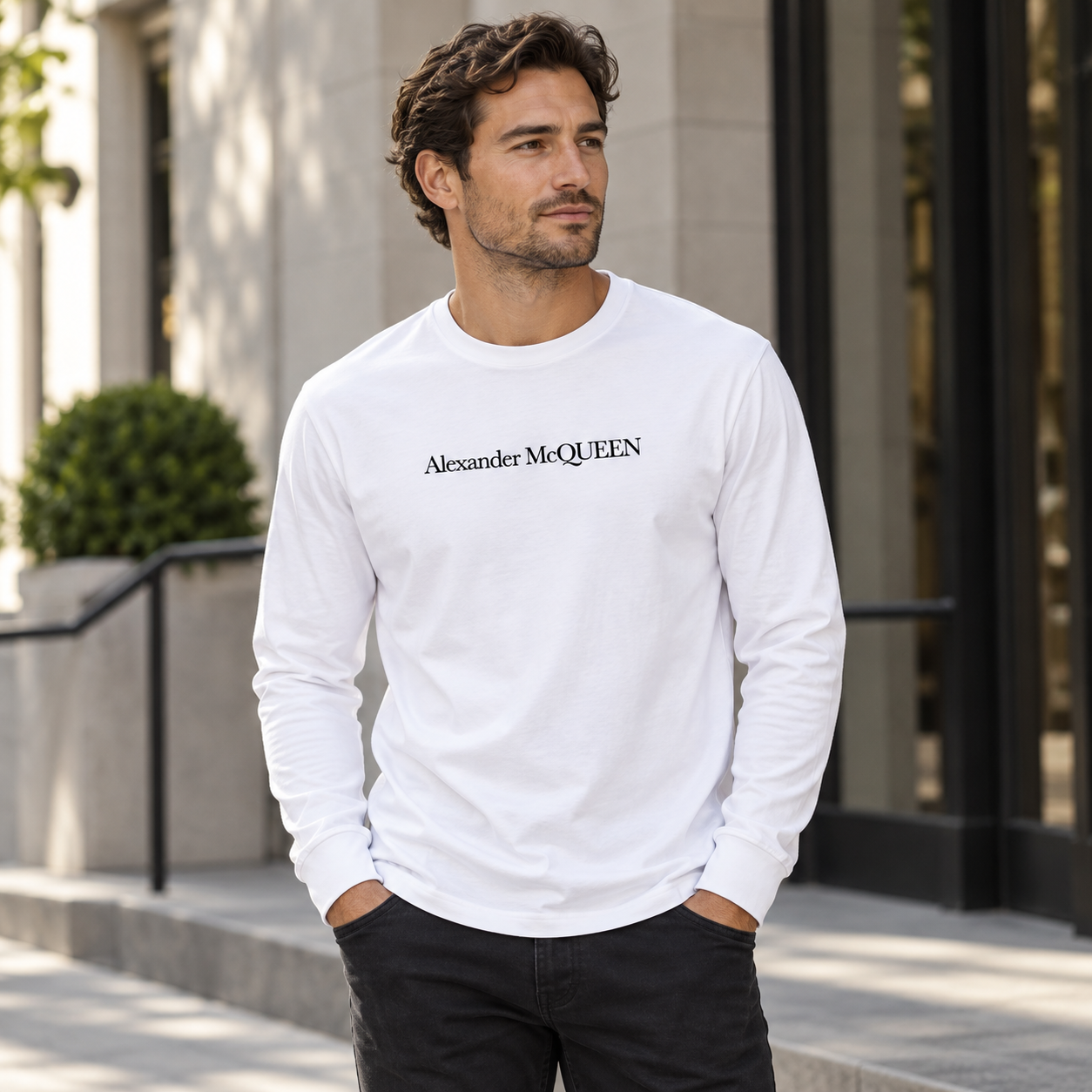 Men's Alexander McQueen Cotton Long Sleeve T-Shirt white lifestyle view