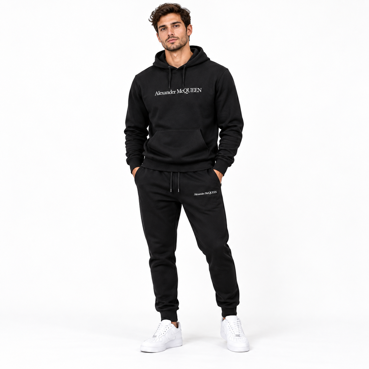 Men's Alexander McQueen Hoodie Joggers Set in Black — lifestyle view