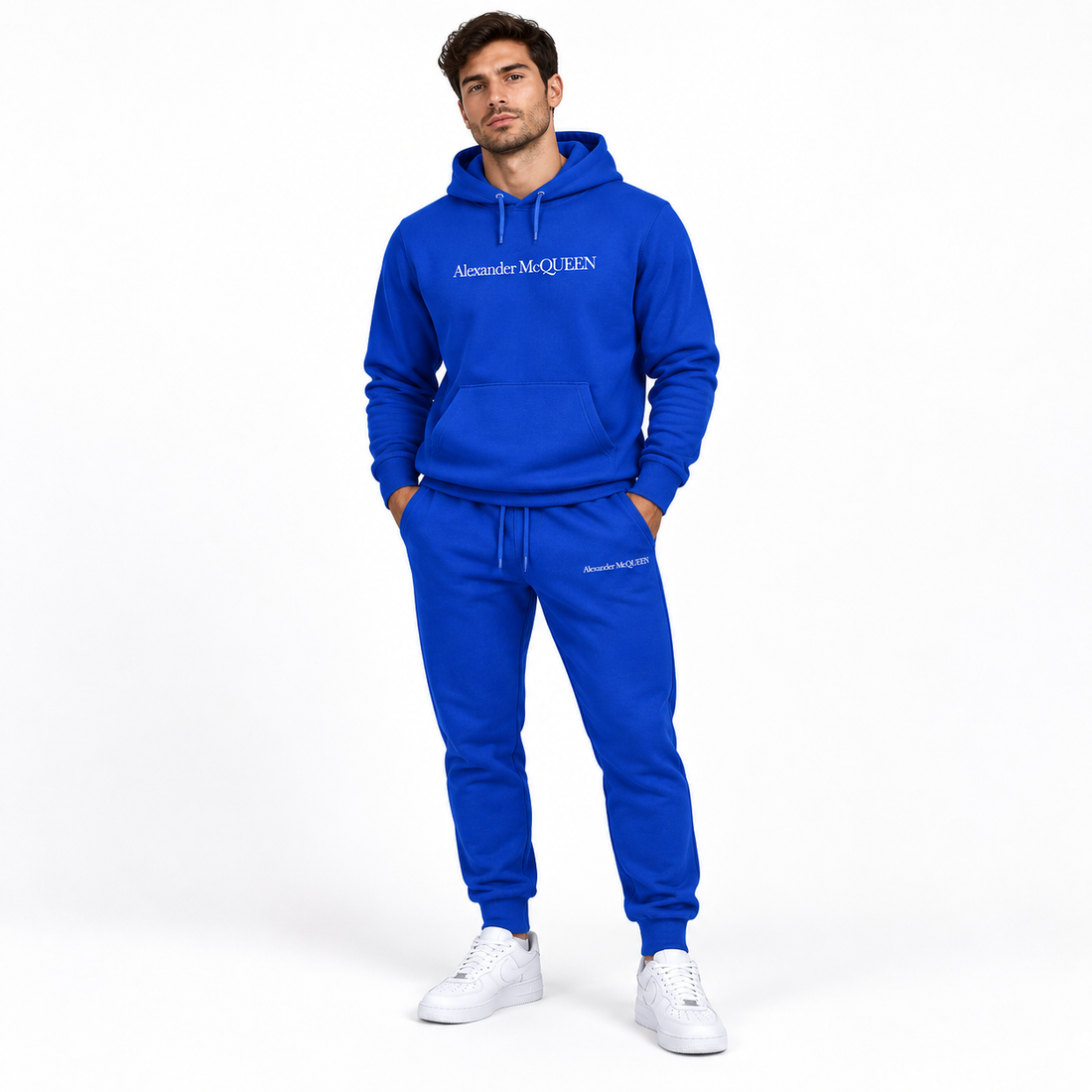 Men's Alexander McQueen Hoodie Joggers Set in Blue — lifestyle view