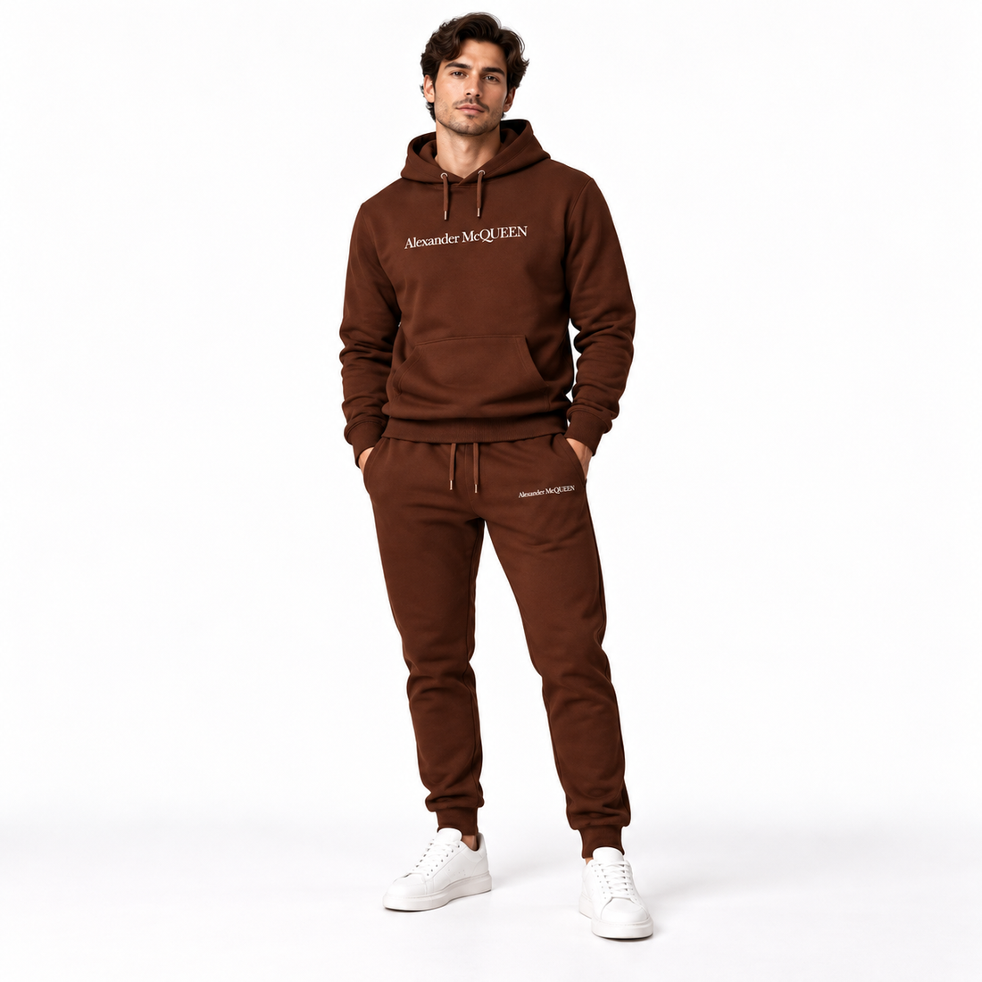 Men's Alexander McQueen Hoodie Joggers Set in Brown — lifestyle view