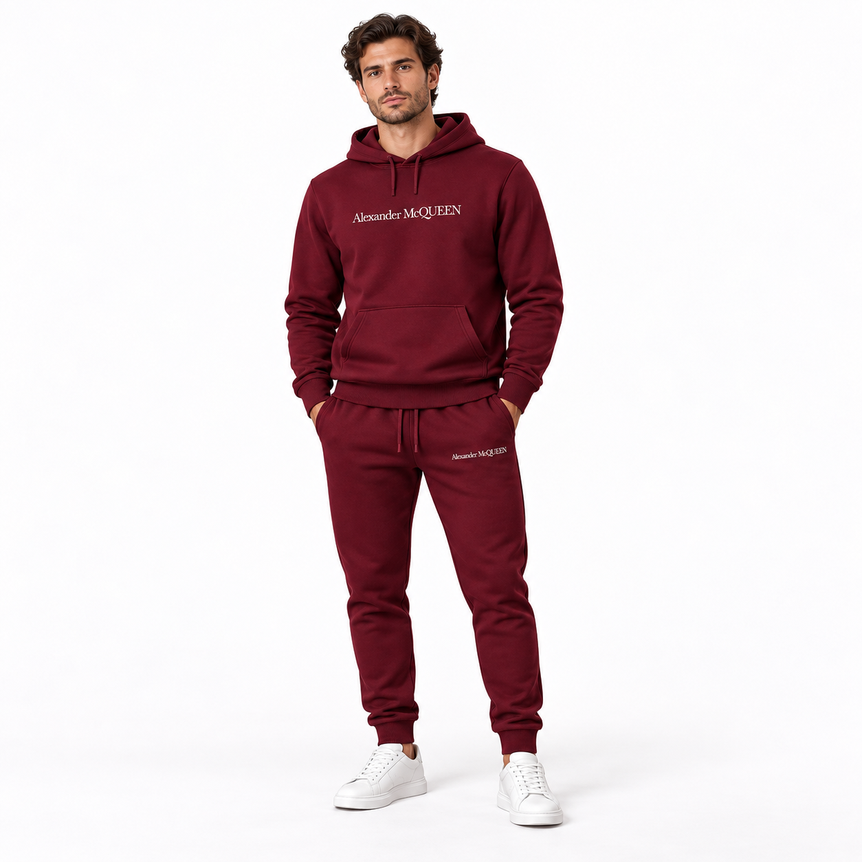 Men's Alexander McQueen Hoodie Joggers Set in Burgundy — lifestyle view