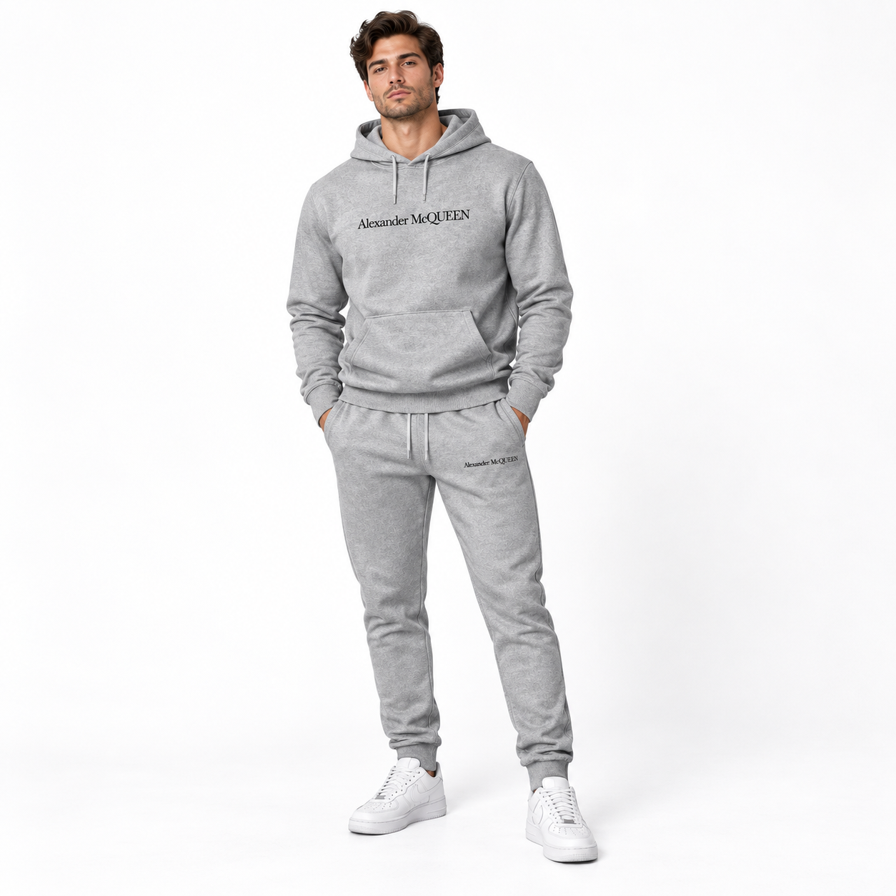 Men's Alexander McQueen Hoodie Joggers Set in Grey — lifestyle view